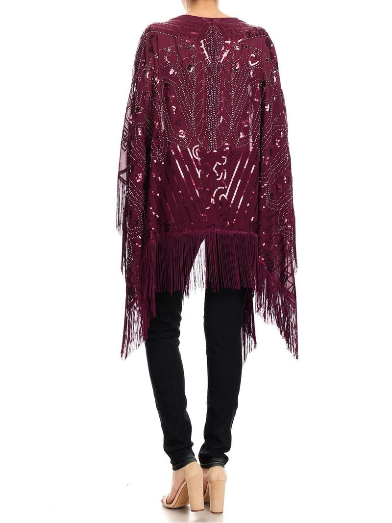 Anna-Kaci Womens Oversized Gatsby Hand Beaded Fringed Sequin Evening Shawl Wrap, Burgundy, Onesize - Image 2